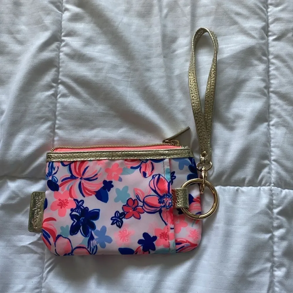 Lilly Pulitzer - blue and pink with gold hardware small wristlet- like new
